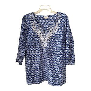VTG St. John's Bay Women's XL Blue White Tunic Top – Embroidered Neckline, 100%